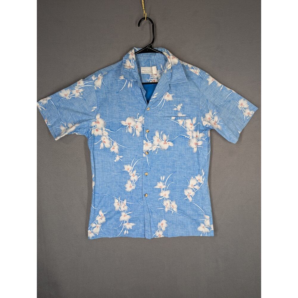 Mark Raysten Hawaiian Mens Camp Shirt Size M Blue Aloha Floral Short Sleeve VTG